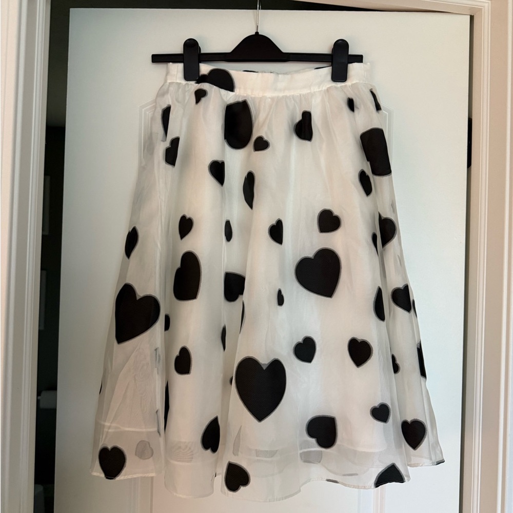 J. Crew White & Black Heart Organza Midi Skirt 2 - Picture 2 of 5
